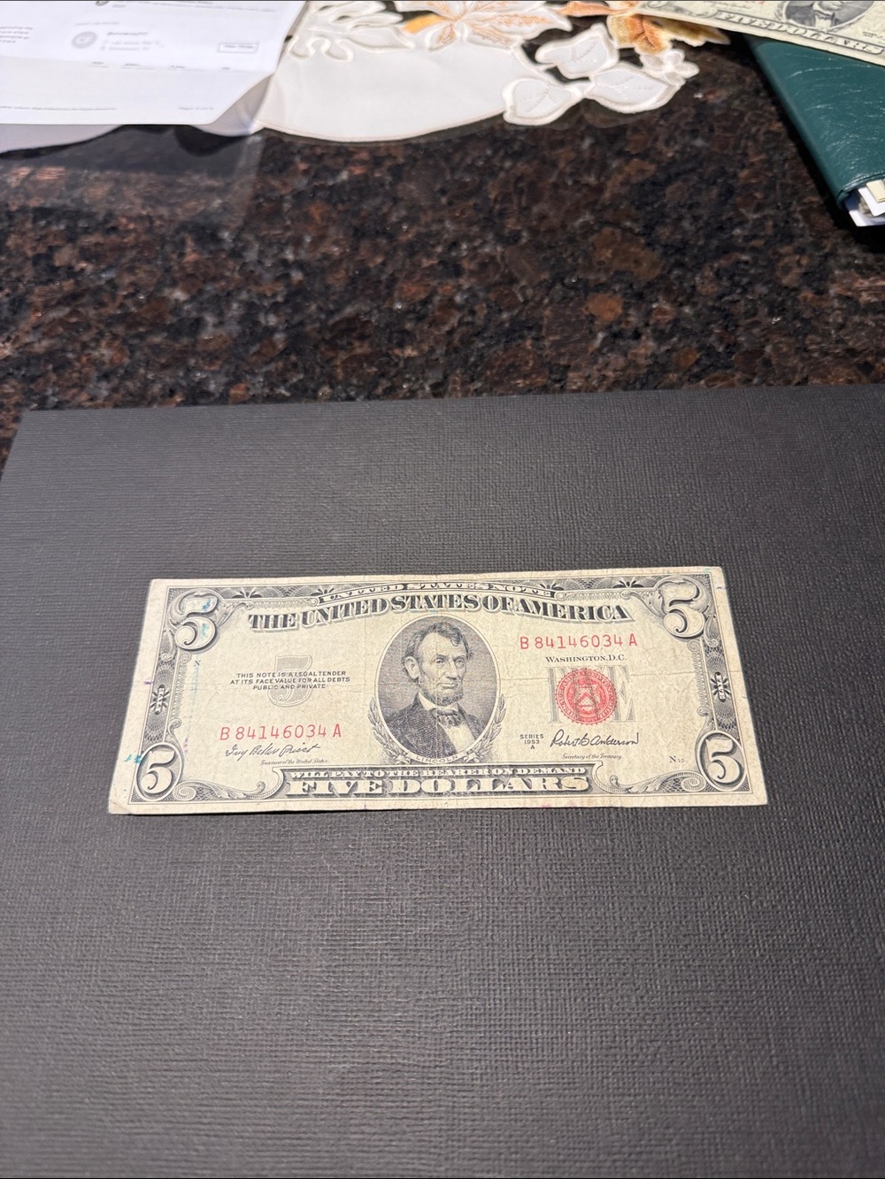 Vintage U.S. $5 United States Note - Red
Seal - 1953A